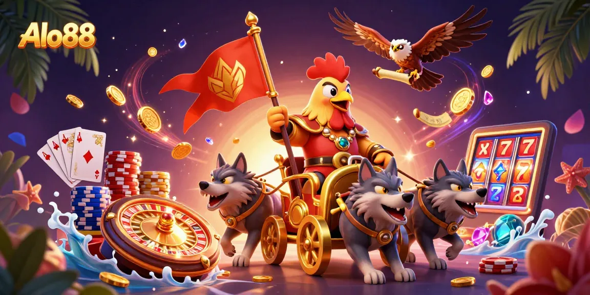 Alo88 showcases a vibrant 3D scene with a rooster warlord, golden coins, and casino elements.