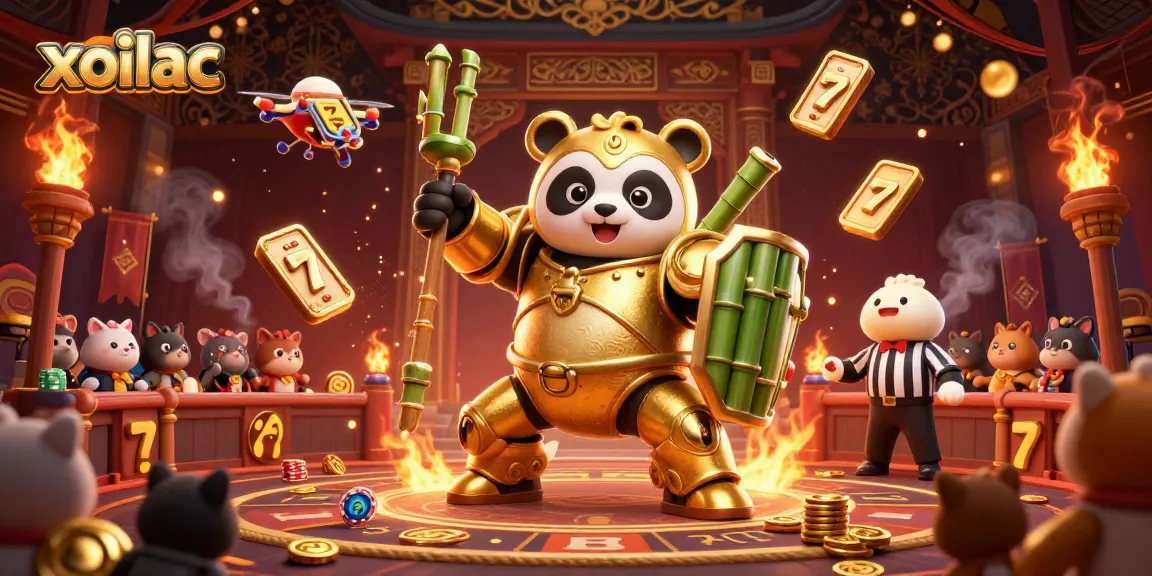 Engage in thrilling gameplay at xoilac with our animated casino scene featuring vibrant slot reels and cheering spectators.