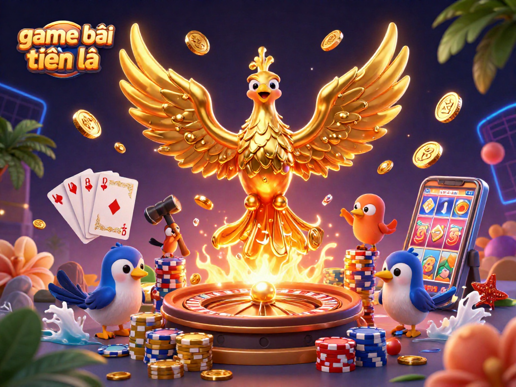 Engage in the game bài tiến lên with a vibrant scene of golden phoenix and casino elements.
