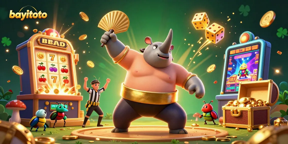 Experience thrilling wins at bayitoto with the vibrant 3D illustration of a beetle champion amidst an explosive jackpot.
