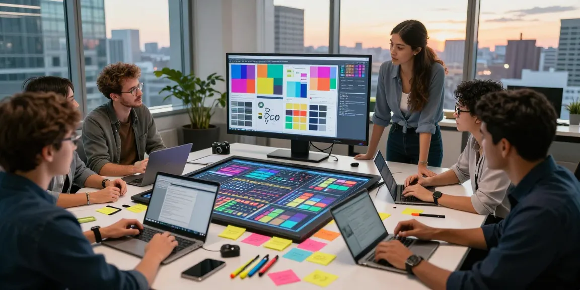 Dynamic team collaboration around a digital mix board in a lively workspace.