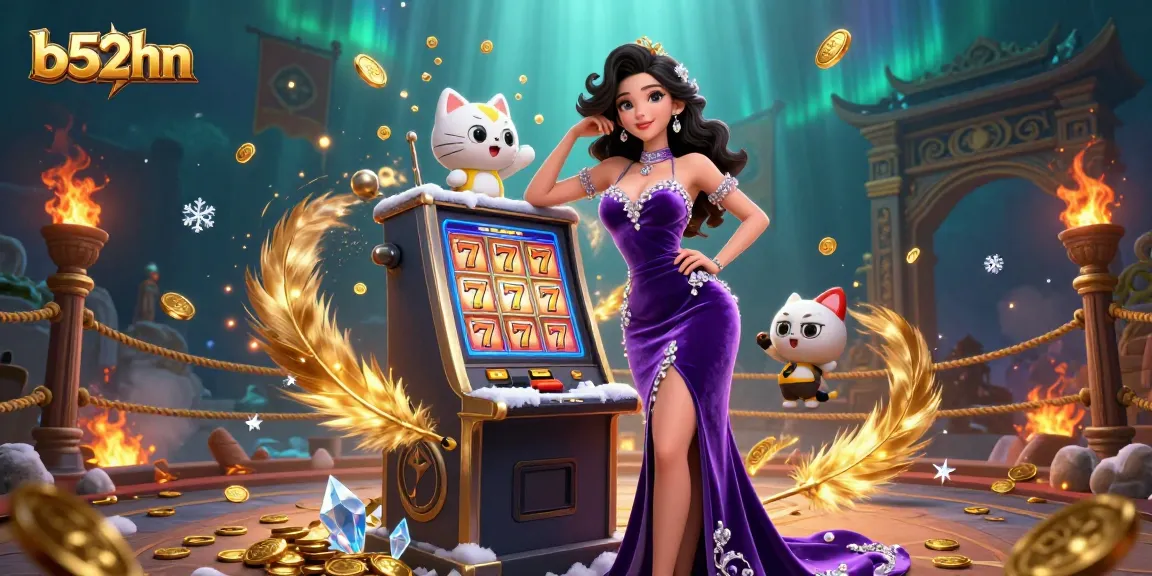 Spin the jackpot at b52hn with a dazzling woman, fortune cat, and coins erupting!