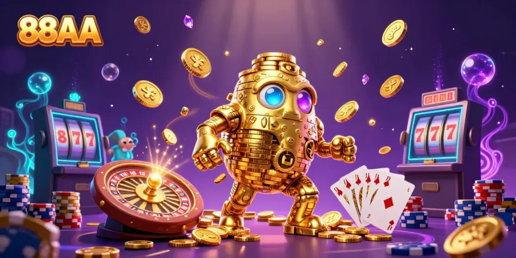 Spin to win with 88AA in a vibrant casino illustration showing dynamic game elements.