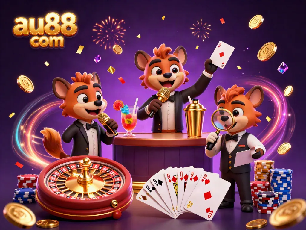 Experience the vibrant atmosphere of au88 com with lively hyenas amid golden coins and an exciting casino scene.