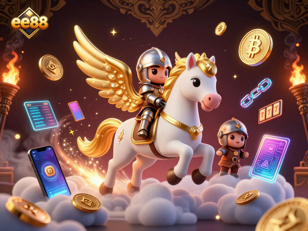 Engage with ee88's thrilling casino experience through this dynamic 3D illustration featuring exciting slot games and crypto elements.