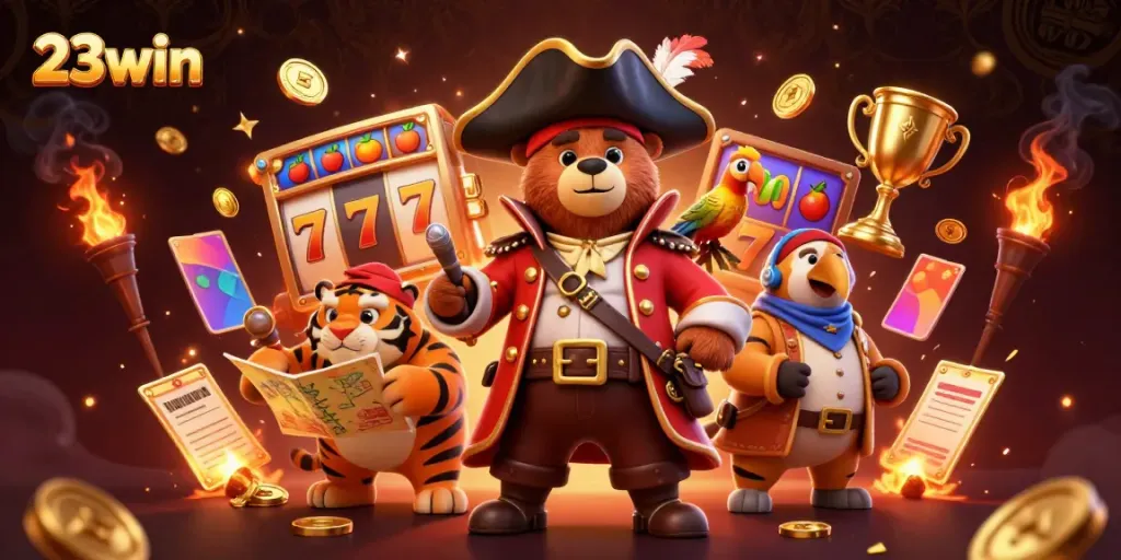 Experience slot gaming excitement with a vibrant 23win scene featuring dynamic characters and rich casino elements.