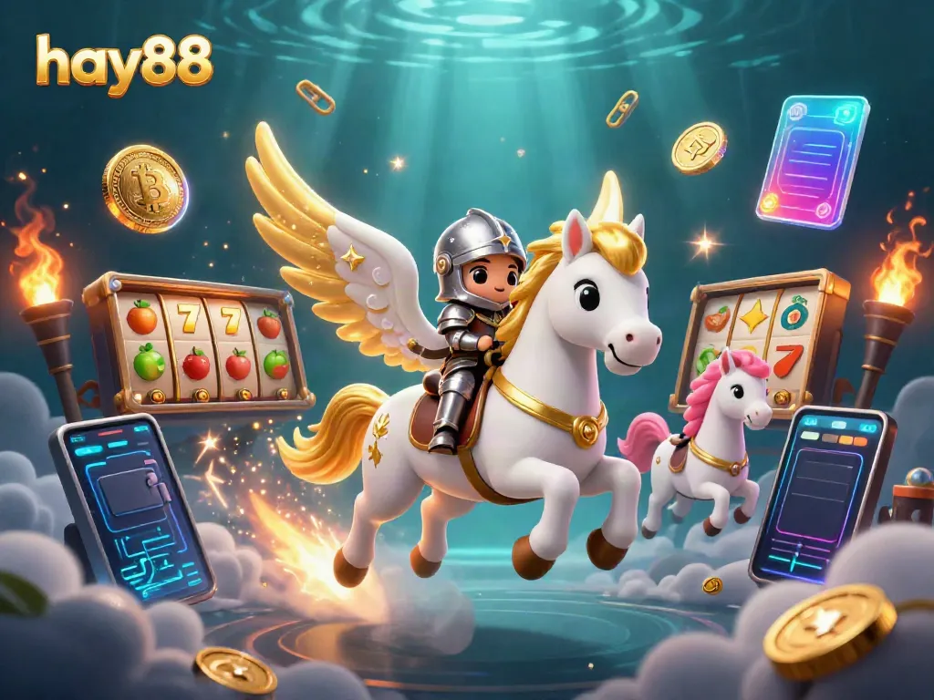 Experience the thrill of hay88 with a magical scene of a celestial horse and knight amidst vibrant casino elements.