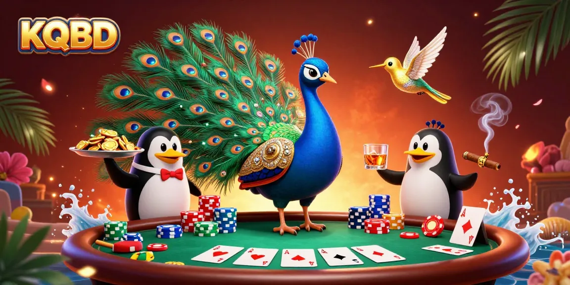 KQBD showcases an aristocratic peacock, butler penguin, and golden hummingbird in a vibrant casino scene.