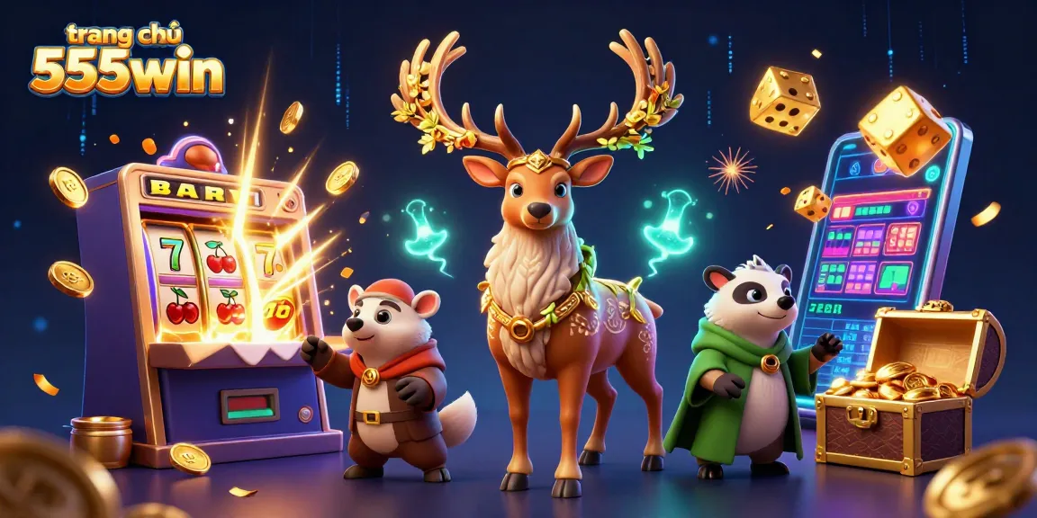 Experience the excitement at trang chủ 555win with vibrant casino-themed 3D illustration showcasing dazzling jackpots and gaming elements.