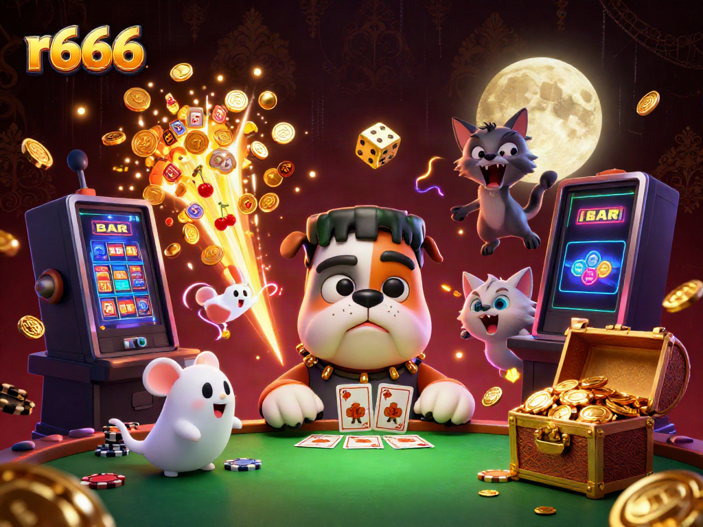 Engage in thrilling casino gameplay with r666's unique characters and vivid slot machine action.