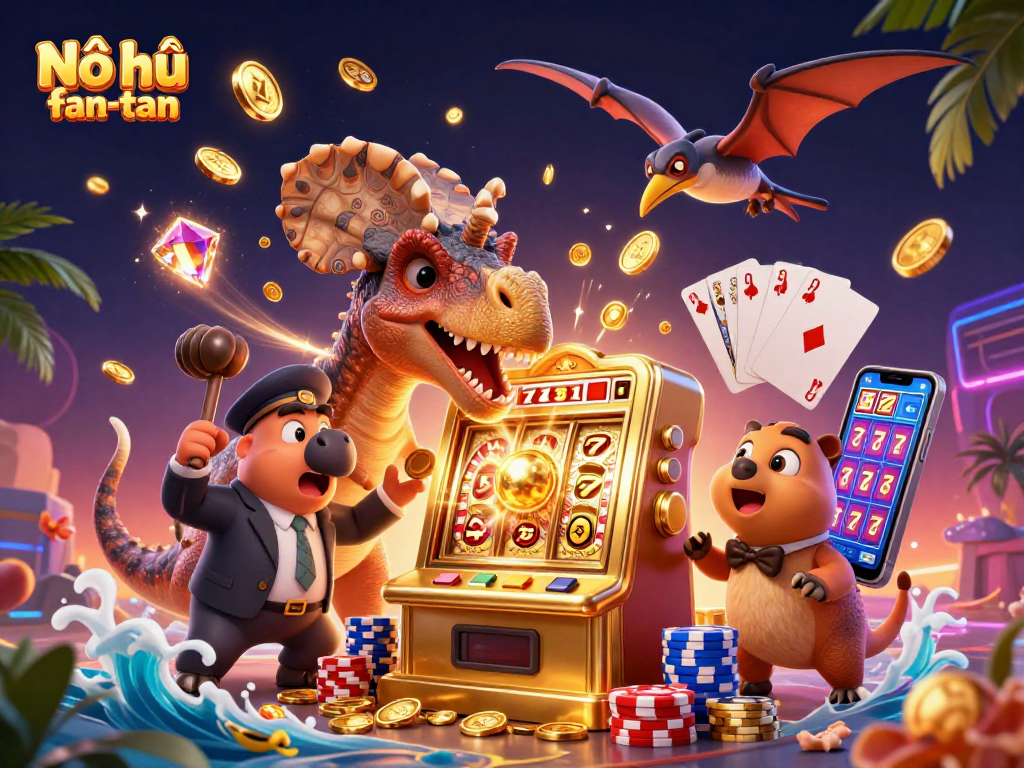Nổ hũ fan-tan showcases a pachycephalosaurus hitting a slot machine as a casino manager panics.