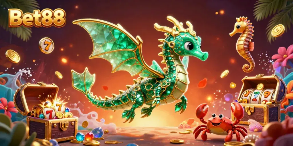 Engage with exciting casino adventures at Bet88 featuring a playful sea dragon and treasure.