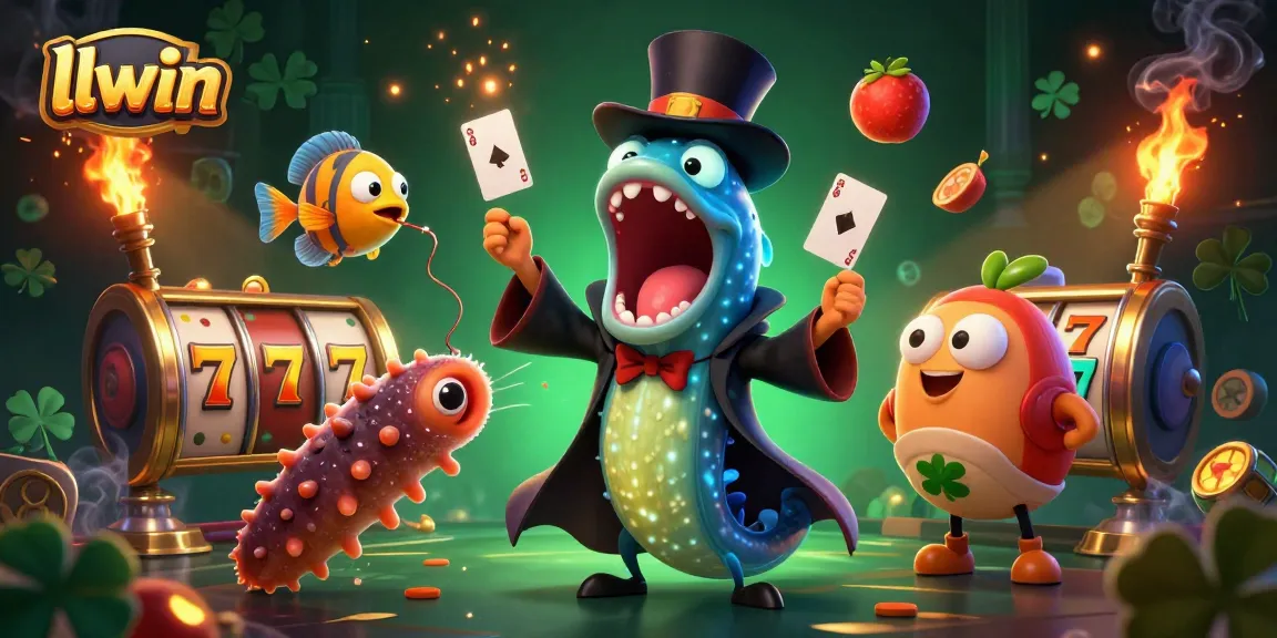 llwin showcases a thrilling casino scene with a bioluminescent eel performing card tricks amidst vibrant slot game elements.
