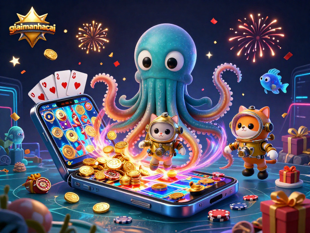 Engage with giaimanhacai's thrilling 3D casino adventure featuring a kraken, diving cat, and vibrant game elements.