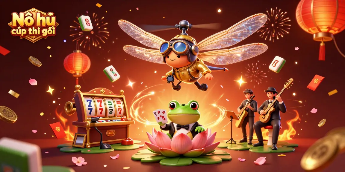 Nổ hũ cúp thế giới scene showcasing a vibrant casino with characters celebrating and dynamic game elements.