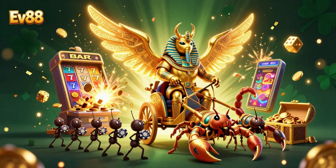 Play thrilling games with Ev88 featuring a captivating illustration of a golden scarab beetle and slot machine bursting with coins.