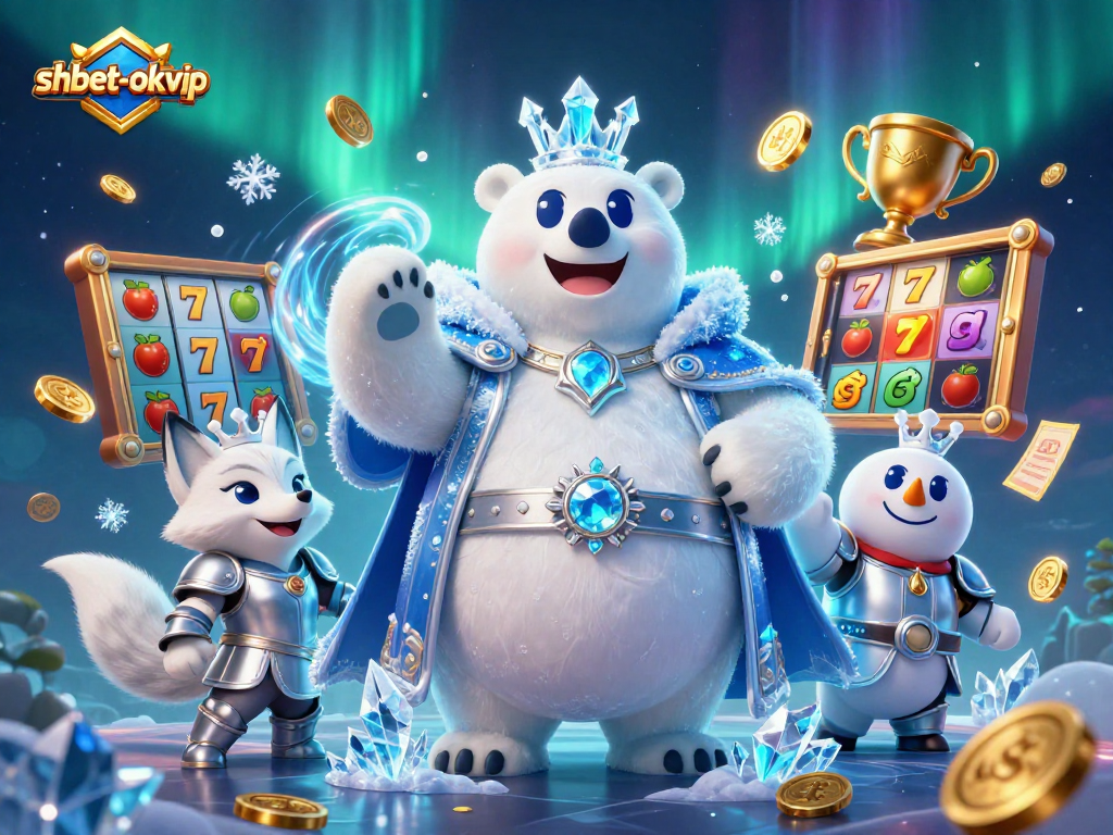 Experience the excitement at shbet-okvip with a vibrant casino scene featuring an ice king, snow fox, and dynamic gaming elements.