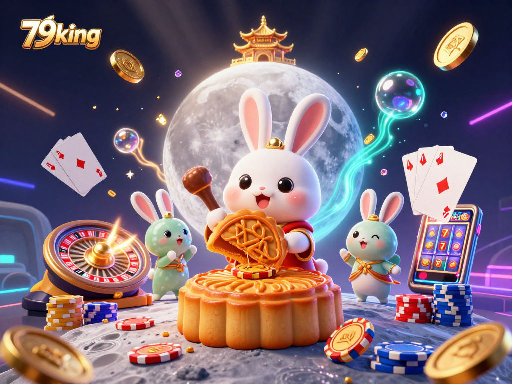 Engage with thrilling 79king action in a vibrant 3D casino illustration filled with poker, slots, and coins.