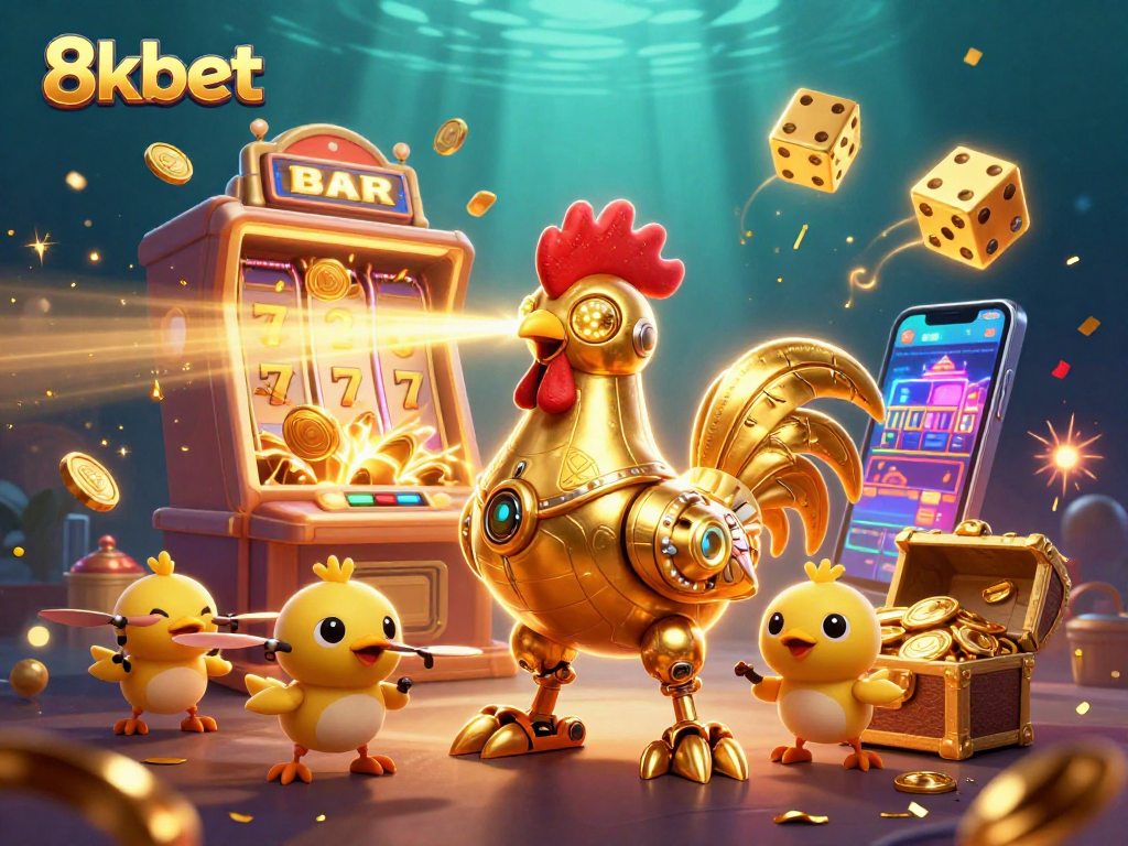 Players enjoy exciting 8xbet experiences with a vibrant casino scene featuring a golden rooster robot.