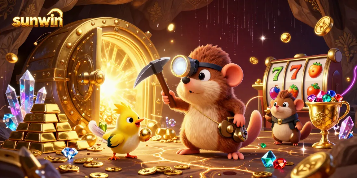 Spin the reels and uncover treasures with sunwin's glowing cartoon treasures in a vibrant casino scene.
