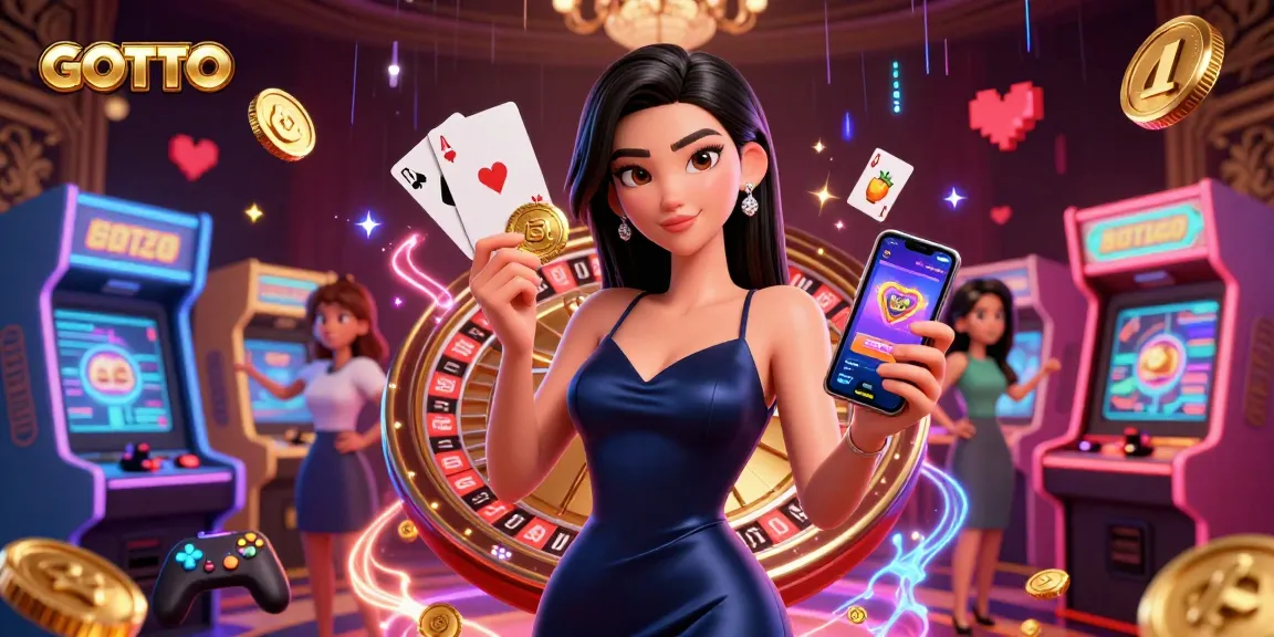 Terlibat dengan ilustrasi kasino GOTOTO yang menakjubkan menampilkan seorang wanita percaya diri dengan elemen permainan dan efek neon.