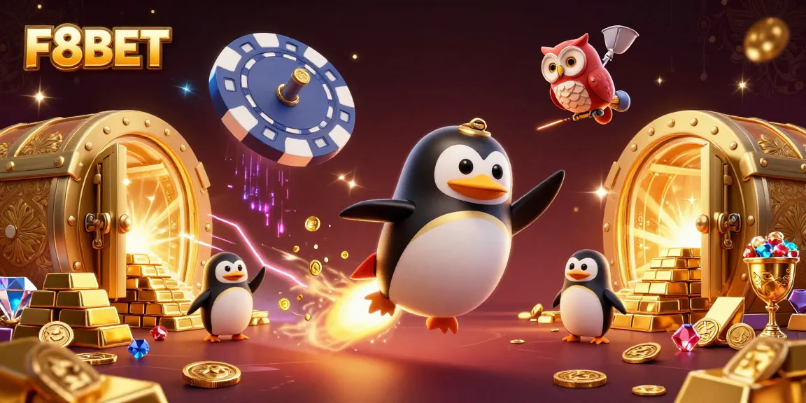 F8BET penguin blasts through a vibrant casino scene, surrounded by gold treasures and dynamic gaming elements.