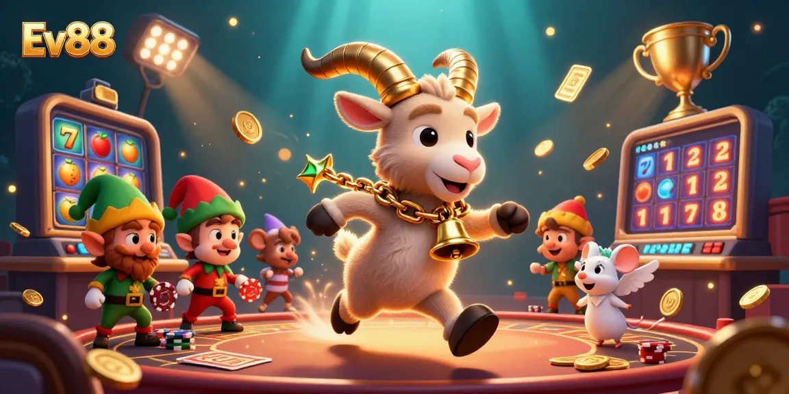 Play Ev88 in a lively casino setting with Krampus and festive characters stealing chips and enjoying slots.