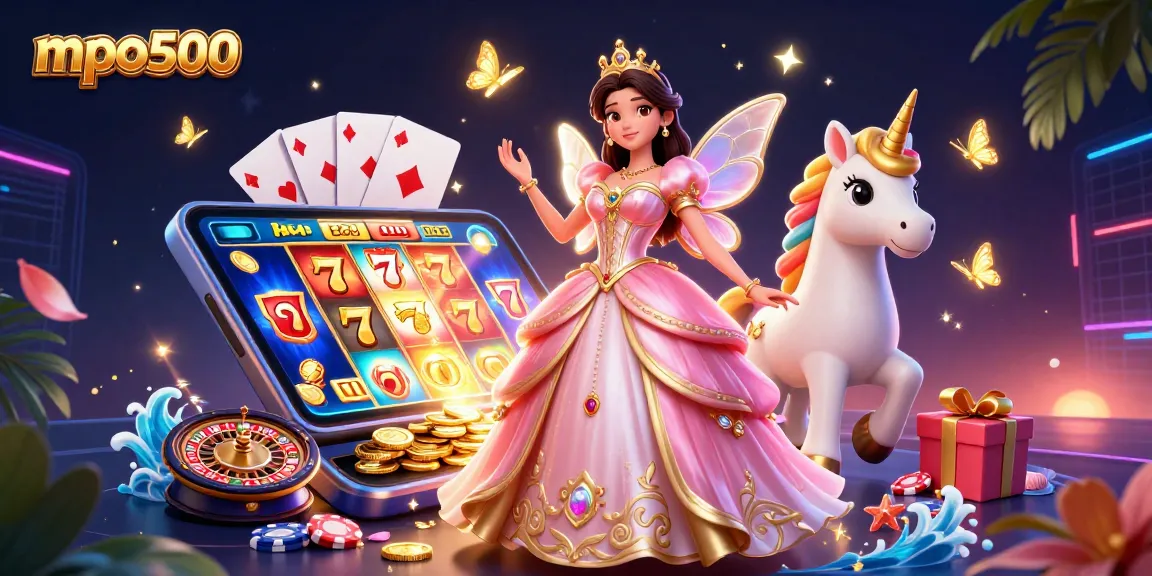 Win big at mpo500 with vibrant casino-themed illustration featuring an enchanting fairy tale aesthetic.