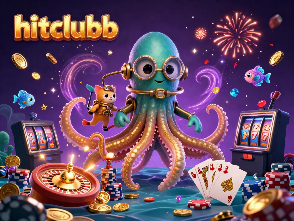 Experience thrilling wins at hitclubb, featuring a vibrant 3D scene with a kraken and treasures.