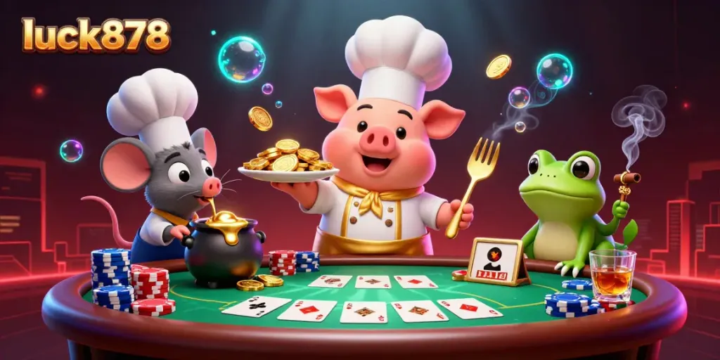 Engage with exciting gaming at luck878 featuring a chef pig serving gold coins amidst vibrant poker action.