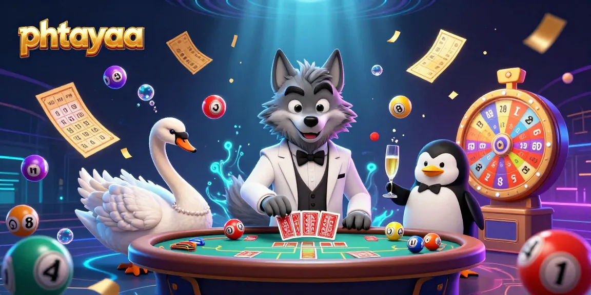 Phtayaa evokes excitement with a cartoon wolf at a baccarat table surrounded by lottery elements and vibrant characters.