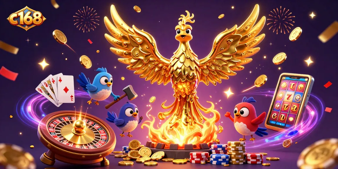 Experience the thrill of winning at c168 with golden phoenix, coins, and vibrant casino elements.