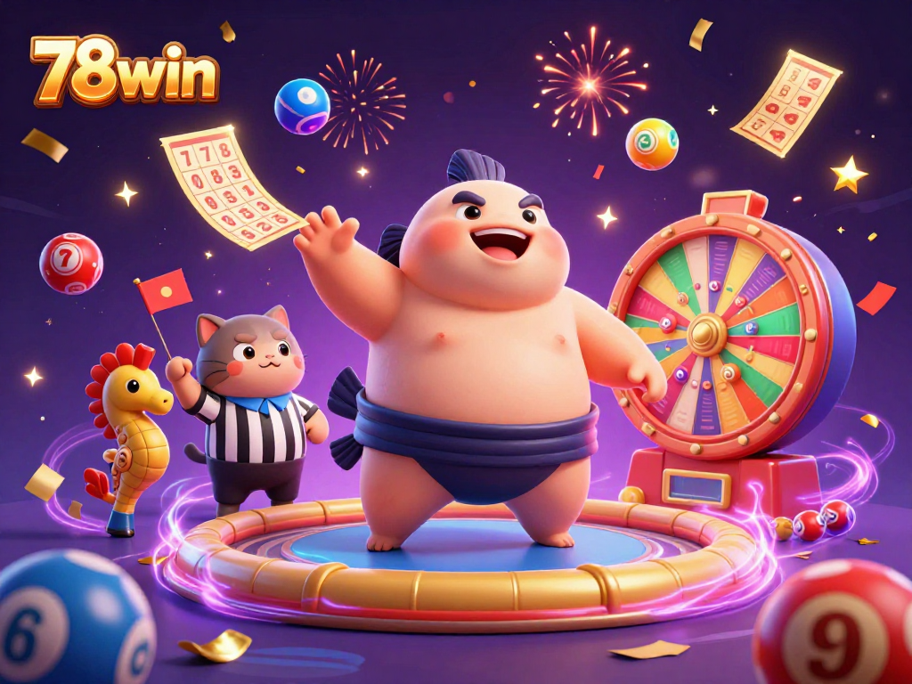 Engage with exciting games at 78win, showcasing vibrant lottery and casino elements with dynamic character action.