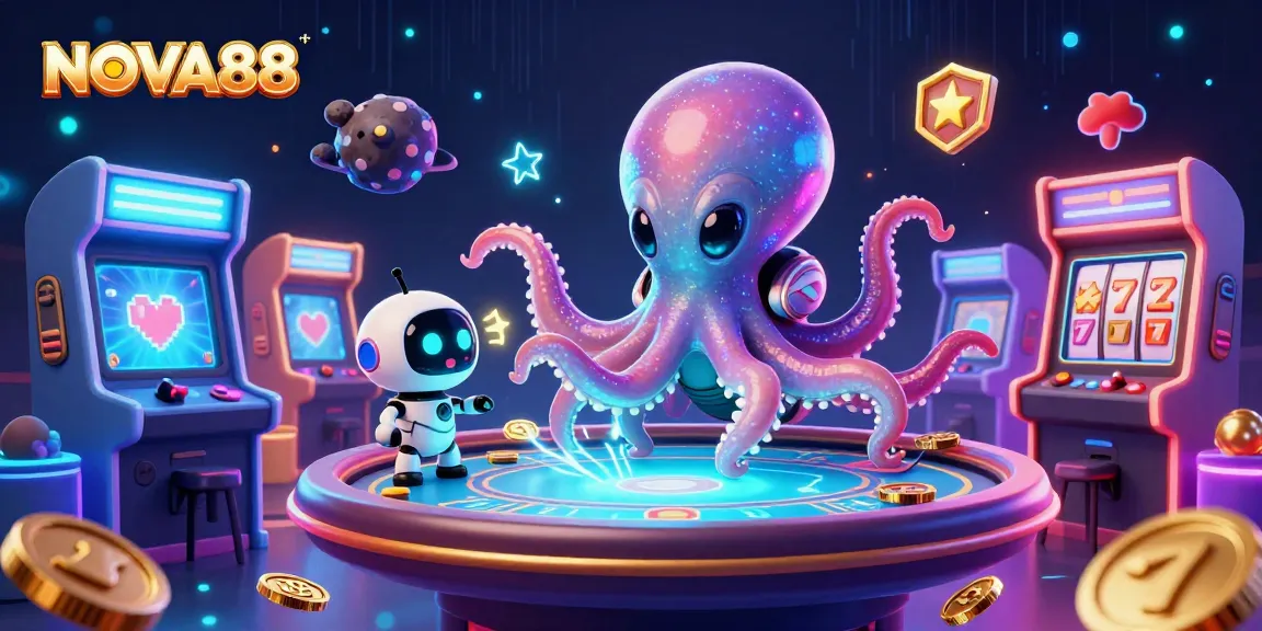 NOVA88's alien octopus engages players at a vibrant holographic poker table amidst rich casino elements.