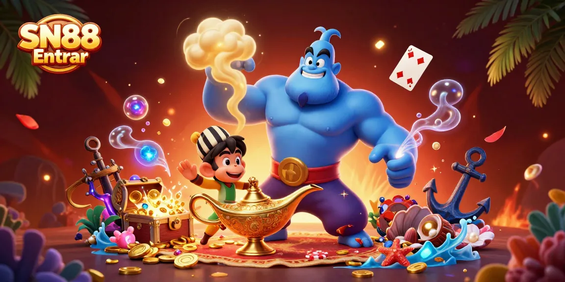 Experience the thrill of SN88 Entrar with a magical genie granting wins amidst vibrant casino elements.