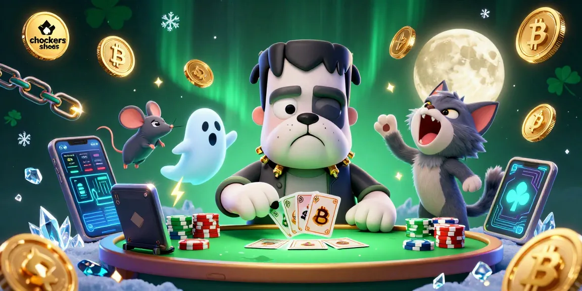 Exciting scene with chockers shoes highlighting a casino atmosphere featuring a cartoon bulldog and werewolf kitten.