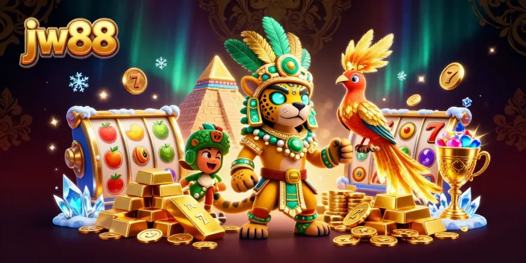 Join the thrills at jw88 with a Mayan priest and quetzal bird enjoying slot adventures and gold treasures.