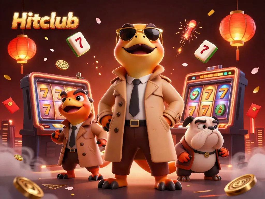 Experience exciting gameplay with Hitclub as raptors sneak into a casino, surrounded by vibrant symbols of luck.