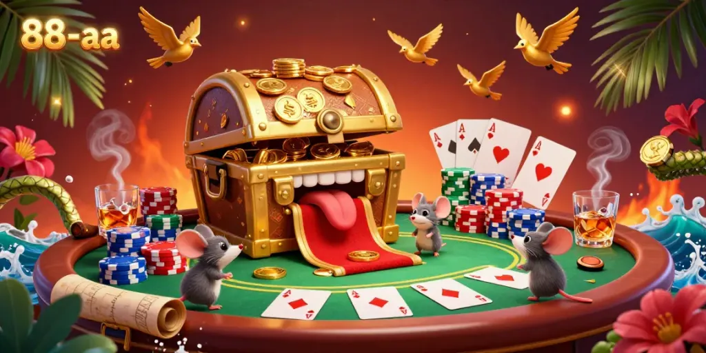 Engage with the vibrant riches of 88-aa at a lively casino, showcasing a treasure chest, poker elements, and golden rewards.