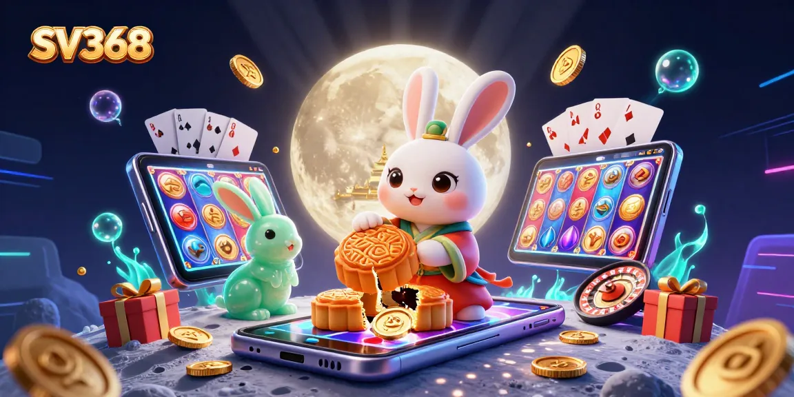 Experience SV368 as the moon rabbit reveals poker chips within mooncakes amidst vibrant casino elements.