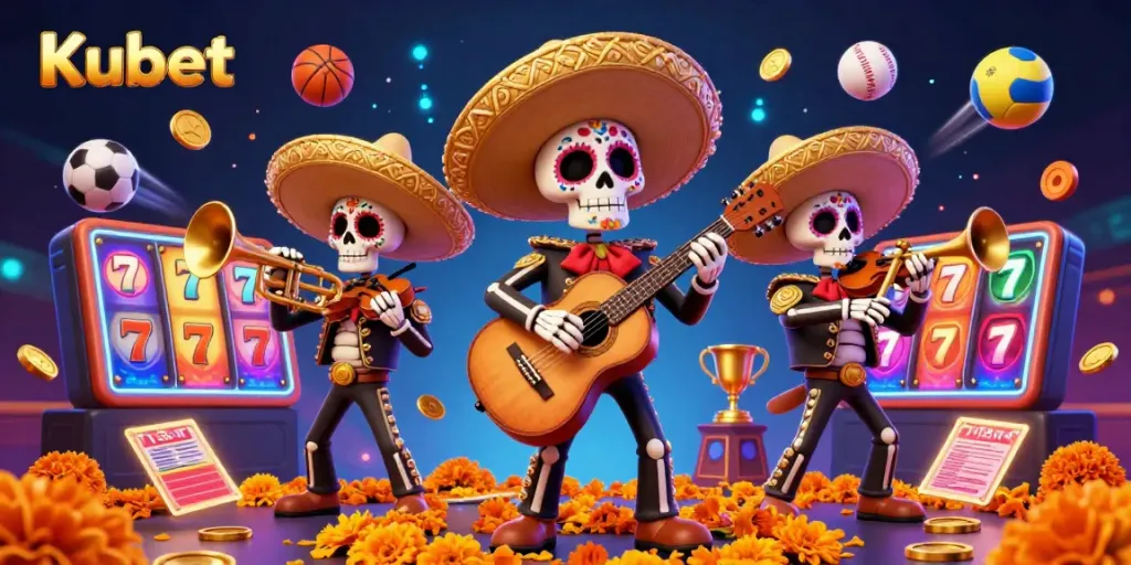 Kubet casino scene featuring animated Dia de los Muertos skeleton musicians with golden sombreros amidst vibrant game elements.