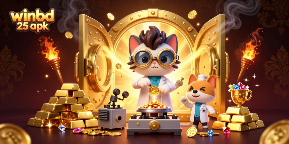 Engage with winbd 25 apk in this vibrant 3D illustration depicting a mad scientist cat and dog creating a gold-coin machine.