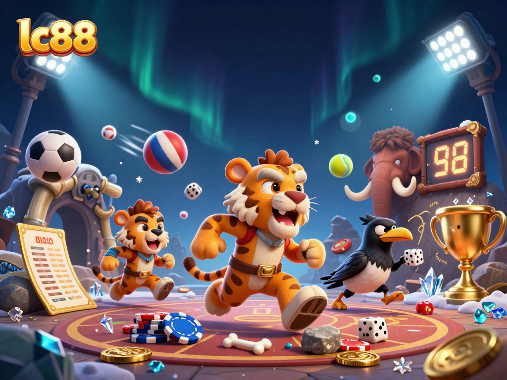 Experience lc88's thrilling casino atmosphere with a lively prehistoric scene packed with exciting sports elements.