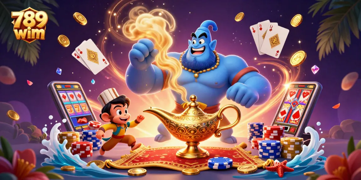 Experience the thrill of 789 wim with a vibrant casino scene featuring a genie and poker chips.
