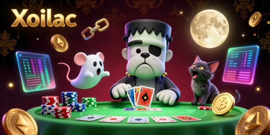 Xoilac enhances gaming by showing a Frankenstein bulldog monster dealing cards at a vibrant casino table.