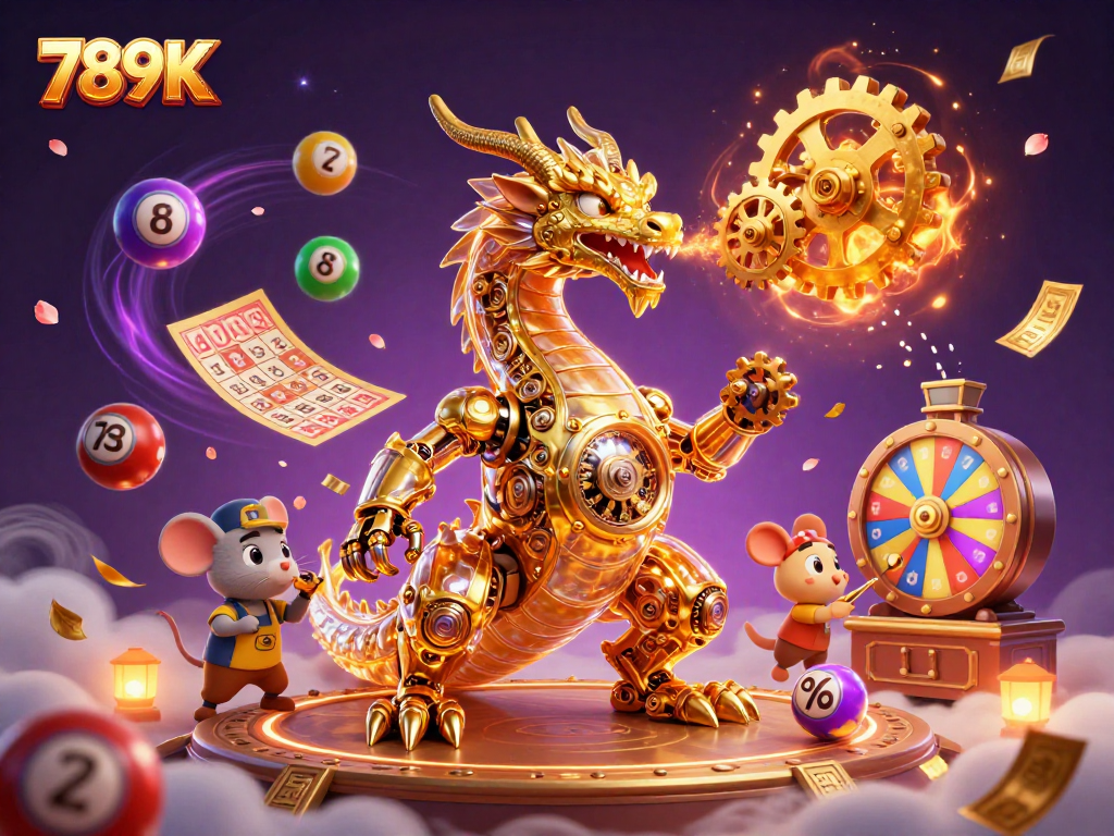 Win big with 789K lottery excitement featuring a colorful dragon and dynamic game elements.