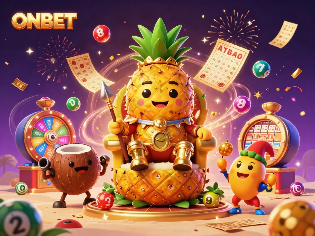 Experience the vibrant ONBET casino adventure with a golden pineapple king and dynamic gaming elements.