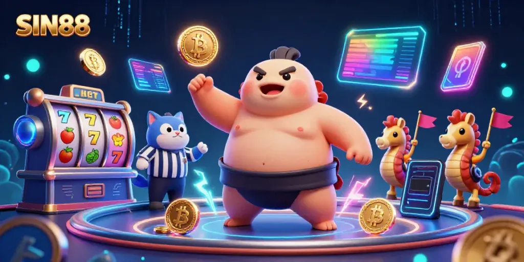 SIN88 showcases a vibrant underwater casino scene with a puffed fugu and a wise catfish in a lively environment.