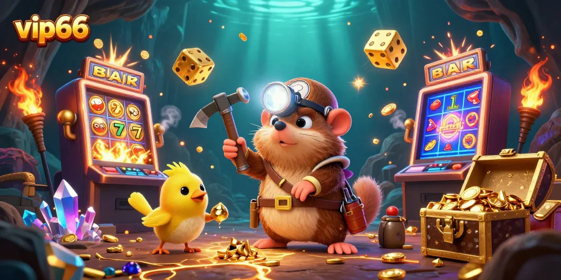 Spin and win big with vip66, featuring a treasure hunter mole and explosive casino elements!