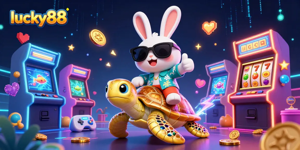 Experience lucky88 with an adorable rabbit and golden turtle in a vibrant casino scene.